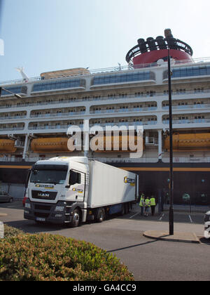 Les 83969 tonnes de ligne de croisière de Disney, "Disney Magic' bateau de croisière été ré-alimenté par le fret routier sur la rivière Tyne. Banque D'Images