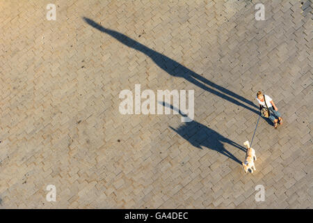 Wien, Vienne femme et promenade de chiens, de longues ombres Autriche Wien Banque D'Images