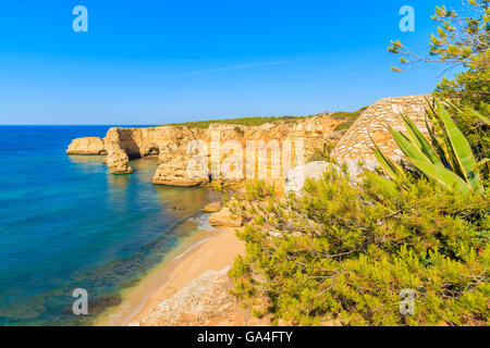 Vue de la plage de Marinha célèbres falaises de roche et de haut, Algarve, Portugal Banque D'Images