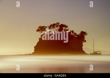 Lever du soleil derrière le Tor dans Waiake Bay, Torbay, sur un matin brumeux à Auckland en Nouvelle-Zélande. Banque D'Images