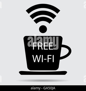 Connexion Wi-Fi gratuite vecteur. Tasse de café et wifi, internet gratuit et connexion Wi-Fi au réseau local, connexion Wi-Fi gratuite zone illustration spot Banque D'Images