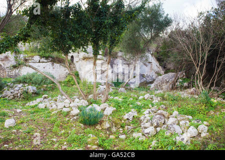 Noto, ruines d'anciens gymnase grec avec architrave et épigraphe. Sicile Banque D'Images