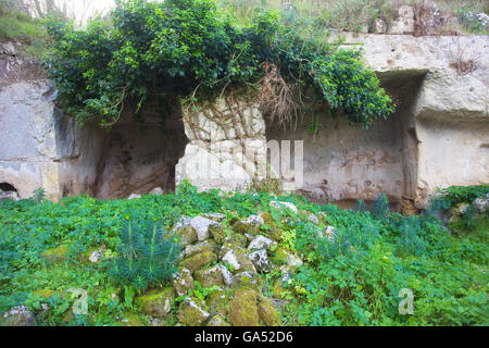 Noto, ruines d'anciens gymnase grec avec architrave et épigraphe. Sicile Banque D'Images
