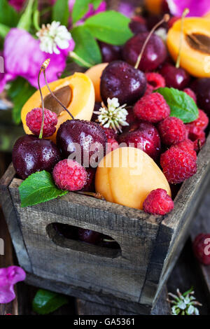 L'été, les abricots frais mûrs de cerise et de framboise, dans un coffret en bois Banque D'Images