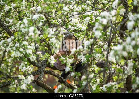 Petite fille se cacha dans les branches d'un pommier en fleurs. Banque D'Images