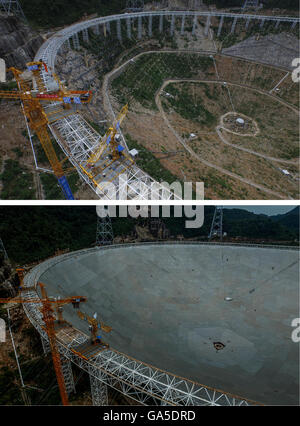 (160703) -- PINGTANG, le 3 juillet 2016 (Xinhua) -- associé photo montre photo du premier panneau au réflecteur en cours d'installation sur les cinq-cents mètres Aperture Spherical Telescope (rapide) à une vallée karstique dans le comté de Pingtang de sud-ouest de la province du Guizhou, en Chine le 2 août 2015 (haut) et photo de près-fait de la prise rapide du projet le 2 juillet 2016. Installation a été effectuée sur le plus grand télescope radio le dimanche matin que le dernier de 4 450 panneaux a été installé dans le centre de la grand plat. Les scientifiques pourront alors commencer le débogage et l'observation des procès de la restauration rapide. Le projet a Banque D'Images