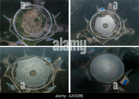 (160703) -- PINGTANG, le 3 juillet 2016 (Xinhua) -- photo combiné affiche les photos présentant le processus d'installation de panneaux sur les cinq-cents mètres Aperture Spherical Telescope (rapide) à une vallée karstique dans le comté de Pingtang de sud-ouest de la Chine dans la province du Guizhou prises respectivement le 2 août 2015 (L,), le 16 décembre 2015, R (up), le 9 mars 2016 (L, vers le bas) et le 3 juillet 2016. Installation a été effectuée sur le plus grand télescope radio le dimanche matin que le dernier de 4 450 panneaux a été installé dans le centre de la grand plat. Les scientifiques pourront alors commencer le débogage et l'observation des procès de t Banque D'Images