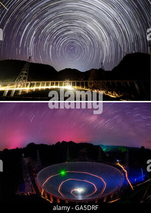 (160703) -- PINGTANG, le 3 juillet 2016 (Xinhua) -- photo montre combiné photo de nuit vue des cinq-cents mètres Aperture Spherical Telescope (rapide) à une vallée karstique dans le comté de Pingtang de sud-ouest de la Chine dans la province du Guizhou prises le 1 septembre 2014 (haut) (Photo fournie par les observatoires d'astronomie de l'Académie chinoise des sciences) et photo du presque-projet fait de FAST prises le 27 juin 2016 (Photo par Xinhua le photojournaliste ou Dongqu). Installation a été effectuée sur le plus grand télescope radio le dimanche matin que le dernier de 4 450 panneaux a été monté dans le centre Banque D'Images