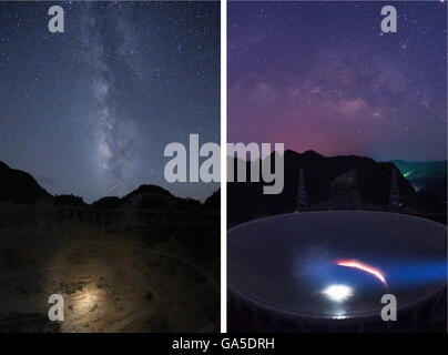 (160703) -- PINGTANG, le 3 juillet 2016 (Xinhua) -- photo montre combiné photo de la vue de la nuit du cinq-cents mètres Aperture Spherical Telescope (rapide) à une vallée karstique dans le comté de Pingtang de sud-ouest de la Chine dans la province du Guizhou prises le 28 août 2013 (L) (Photo fournie par les observatoires d'astronomie de l'Académie chinoise des sciences) et photo du presque-projet fait de FAST prises le 27 juin 2016 (Photo par Xinhua le photojournaliste Liu Xu). Installation a été effectuée sur le plus grand télescope radio le dimanche matin que le dernier de 4 450 panneaux a été monté dans le centre Banque D'Images