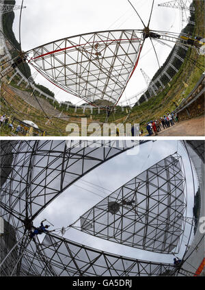 (160703) -- PINGTANG, le 3 juillet 2016 (Xinhua) -- associé photo montre photo présentant le premier panneau au réflecteur de la cinq-cents mètres Aperture Spherical Telescope (rapide) en cours d'installation à une vallée karstique dans le comté de Pingtang de sud-ouest de la province du Guizhou, en Chine le 2 août 2015 (haut) et photo montrant la quasi-fait de la prise rapide du projet le 2 juillet 2016. Installation a été effectuée sur le plus grand télescope radio le dimanche matin que le dernier de 4 450 panneaux a été installé dans le centre de la grand plat. Les scientifiques pourront alors commencer le débogage et l'observation des procès de la restauration rapide. L Banque D'Images