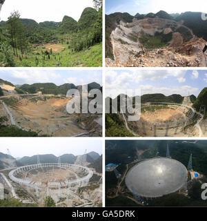 (160703) -- PINGTANG, le 3 juillet 2016 (Xinhua) -- photo affiche les photos de combiné le site de construction des cinq-cents mètres Aperture Spherical Telescope (rapide) à une vallée karstique dans le comté de Pingtang de sud-ouest de la Chine dans la province du Guizhou prises respectivement le 25 mai 2009 (L,), le 6 septembre 2011 (R, up), le 5 août 2012 (L, Centre), le 2 mai 2014 (R, Centre), le 16 janvier 2015 (L, vers le bas) et le 3 juillet 2016. (Les 5 premières photos sont fournis par les observatoires astronomiques nationaux de l'Académie chinoise des sciences et le dernier est pris par Xinhua le photojournaliste ou Dongqu). L'installation a été terminée le Banque D'Images