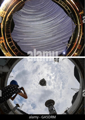 (160703) -- PINGTANG, le 3 juillet 2016 (Xinhua) -- photo affiche les photos de combiné sky repris de la source de rétroaction de la cabine cinq-cents mètres Aperture Spherical Telescope (rapide) à une vallée karstique dans le comté de Pingtang de sud-ouest de la Chine dans la province du Guizhou le 21 août 2014 (ci-dessus) et le 28 juin 2016. Installation a été effectuée sur le plus grand télescope radio le dimanche matin que le dernier de 4 450 panneaux a été installé dans le centre de la grand plat. Les scientifiques pourront alors commencer le débogage et l'observation des procès de la restauration rapide. Le projet a le potentiel de recherche de plus d'objets étranges à Banque D'Images