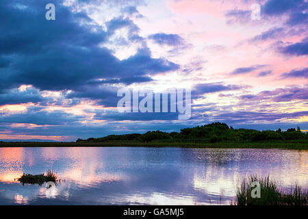 Southport, Merseyside, Royaume-Uni. 4 juillet, 2016. Météo France : Southport, une nouvelle aube sur 'Hesketh Out Marsh' à Southport. Le glorieux lever du soleil reflète dans l'eau de la réserve naturelle. Après les récentes fortes pluies diluviennes, le soleil brille avec des conditions météorologiques saisonnières devrait être de retour. Dans les années 1980, ce parc naturel saltmarsh a été drainée pour fournir des terres arables pour l'agriculture. La nature a renversé cette décision en utilisant la terre comme un bassin de débordement d'eau de mer offrant un habitat naturel pour les nombreux oiseaux migrateurs qui occupent aujourd'hui les marais. © Cernan Elias/Alamy vivre Banque D'Images