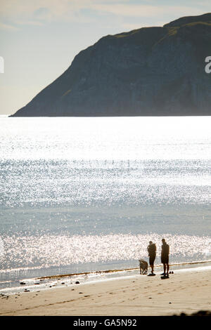 Homme et femme couple avec leur chien appréciant le soleil d'été sur la plage à la station balnéaire de Llandudno, au Pays de Galles, Royaume-Uni Banque D'Images