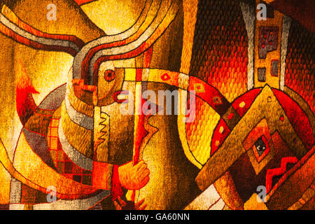 Panneau tissé à la sur l'affichage à Cusco illustrant les formes d'art péruvien dans leur riche histoire Banque D'Images