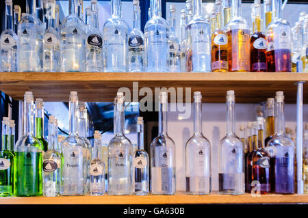 Bouteilles de gin, vodka, tequila, absenthe et d'autres spiritueux sur une étagère dans un magasin de verre. Banque D'Images