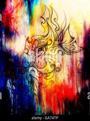 Mystic woman eye avec ornement floral. Dessin sur papier, effet de couleur. Contact avec les yeux. Banque D'Images