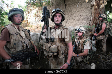 La compagnie B du régiment de Worcester et Sherwood Forest se réunit avant un raid sur un complexe taliban dans la zone verte de la province de Helmand, dans le sud de l'Afghanistan. Banque D'Images