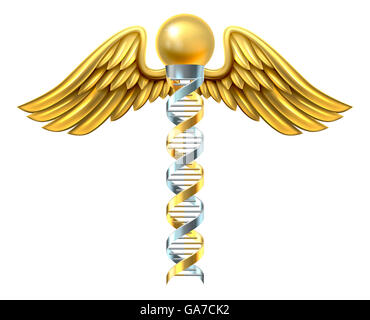 Caducée symbole médical avec les double hélice d'ADN chromosomique génétique strand. Banque D'Images