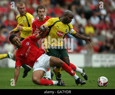 Barnsley's Lewin Nyatanga (à gauche) se trouve aux défenses de Barry Hayles de Plymouth Argyle lors du match de championnat de la ligue de football Coca-Cola à l'Oakwell Ground, Barnsley. Banque D'Images