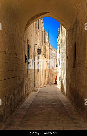 Rue calme, étroite et ombragée dans la ville silencieuse de Mdina. Banque D'Images