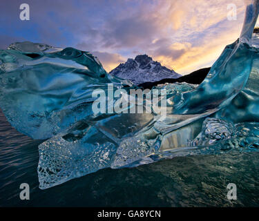 La glace cristalline impeccable, produit par des millénaires de pression glaciaire, flottant sur le lac Grey, Parc National Torres del Paine, Chili, juin 2014. Banque D'Images