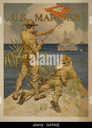 Affiche montrant deux marines à partir de la rive de signalisation aux navires en mer. La Première Guerre Mondiale par J.C. Affiche de recrutement Leydendecker. Banque D'Images