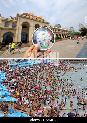 Beijing, Chine. 2 Août, 2016. Cette combinaison photo prise le 2 août 2016, indique 34 degrés Celsius sur un thermomètre (en haut) et les touristes sont accueillis à une plage à Qingdao, Chine de l'est la province de Shandong. Vague de chaleur englouti la plupart partie de la Chine récemment. Même le chiliest ville de Chine Hulun Buir en Chine du nord, région autonome de Mongolie intérieure, a enregistré une température de 44,1 degrés Celsius (environ 111 degrés Fahrenheit), le mercredi, le plus haut dans l'histoire de la ville. © Huang Xianjie/Xinhua/Alamy Live News Banque D'Images