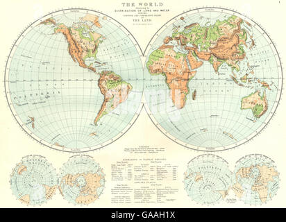 WORLD : Illustration de la terre et la distribution de l'eau, l'allégement des contours, 1881 Ancien site Banque D'Images