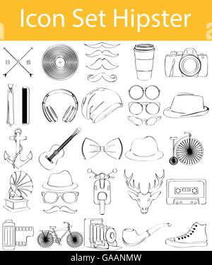 Appelée Doodle bordée Icon Set Hipster avec 33 icônes pour l'utilisation créative en design graphique Illustration de Vecteur