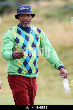 Samuel L Jackson le premier jour du championnat Alfred Dunhill Links à Carnoustie, en Écosse. Banque D'Images