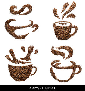 Ensemble de formes de tasse de café torréfié isolé sur blanc. Banque D'Images