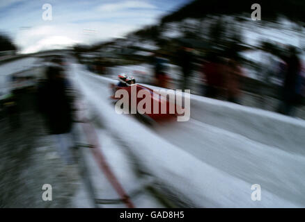 Jeux olympiques d'hiver 1992 - Albertville.Vue générale de la piste de bobsleigh depuis les jeux. Banque D'Images