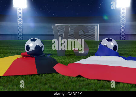 Le rendu 3d du jeu de soccer Allemagne / France sur un terrain de football couvert par les drapeaux nationaux Banque D'Images