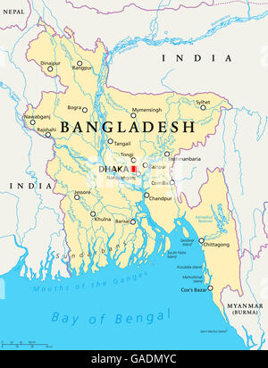 Carte politique du Bangladesh avec capitale Dhaka, les frontières nationales, d'importantes villes, rivières et lacs. L'étiquetage en anglais. Banque D'Images