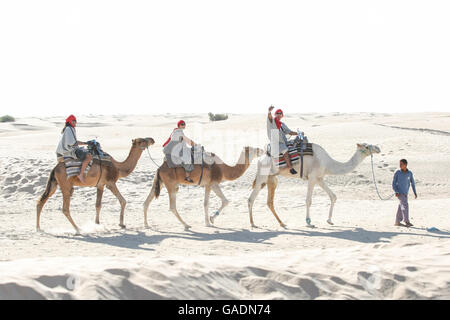 Des bédouins les touristes sur des chameaux à court-circuit touristique autour du début du désert du Sahara à Douz, Tunisie. Banque D'Images