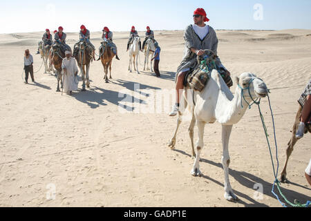 Des bédouins les touristes sur des chameaux à court-circuit touristique autour du début du désert du Sahara à Douz, Tunisie. Banque D'Images