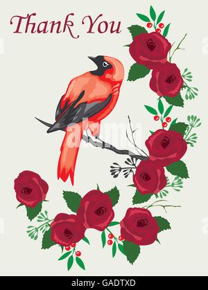 Vector illustration d'une carte de remerciement et d'oiseau ou de roses Illustration de Vecteur