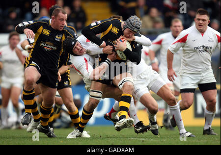 Rugby Union - EDF Energy Cup - London Wasps / Newcastle Falcons - Adams Park.James Haskell, joueur des Wasps, tente de traverser les kitles de Newcastle lors du match de la coupe de l'énergie EDF à Adams Park, Londres. Banque D'Images