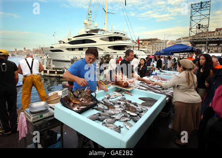 Les pêcheurs vendent leurs prises à partir d'étals installés dans le Vieux Port de la ville méditerranéenne française de Marseille. Les pêcheurs sont reparties avant l'aube, revenant en milieu de matinée pour amarré leurs petits bateaux de pêche parmi les megayachts des superriches. Banque D'Images