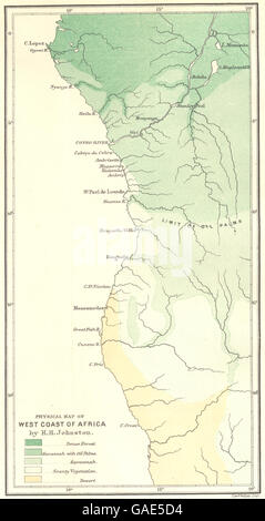 Afrique : Côte Ouest:Angola Namibie Congo Gabon. Physique. Carte 1883 RGS Végétation Banque D'Images