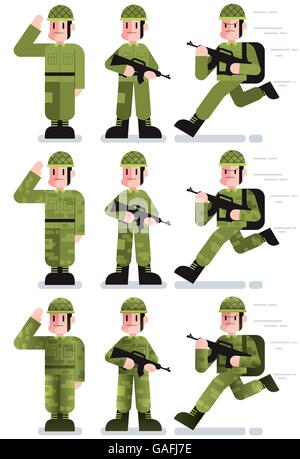 Modèle plat illustration de soldat en 3 poses et 3 versions de couleur. Illustration de Vecteur