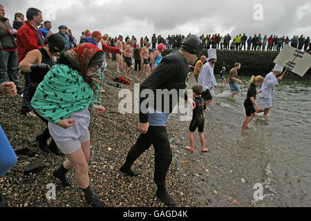 Les personnes en robe de fantaisie emprennent la mer au port de Wicklow pendant une baignade caritative du jour de l'an organisée par les Blue Dolphins et le club de natation de Wicklow. Banque D'Images