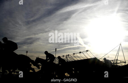 Courses hippiques - Lanzarote Hhurdle Day - Hippodrome de Kempton Park.Les coureurs se détournent de la tribune dans l'obstacle des intercasino.co.uk novices à l'hippodrome de Kempton Park. Banque D'Images