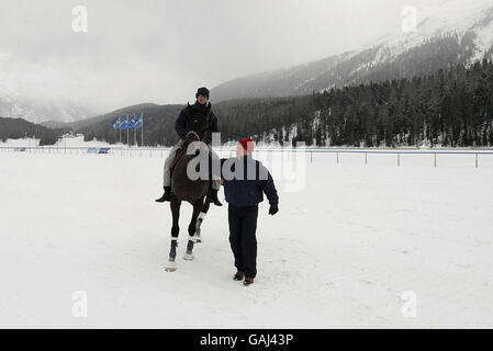 Ron Harris, entraîneur britannique de chevaux de course, vérifie son cheval Arturius sur le lac gelé à St Moritz aujourd'hui où il fera la course dans le White Turf Sprint demain sur la neige compactée du lac gelé. Banque D'Images