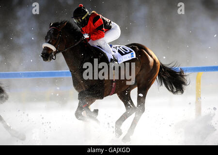 Les chevaux font la course sur la glace et la neige compactées sur le lac gelé à St Moritz le premier jour de course de White Turf de 2008. Banque D'Images