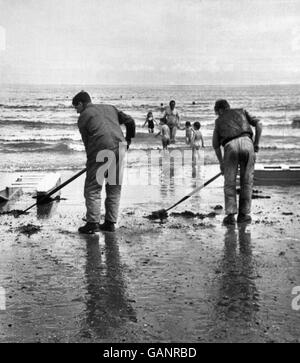 Sans être dissuadés par le pétrole, les vacanciers s'apprécient dans la mer tandis que les ouvriers du conseil débarragent la plage de pétrole sur la plage de Paignton. C'était l'une des neuf plages de Torbay qui ont été touchées par le pétrole brut qui est entré à la marée du matin Banque D'Images