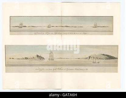 Une représentation historique de Boston Bay, mettant en valeur la vue depuis Castle Williams et Governors Island avec le phare au loin. Banque D'Images