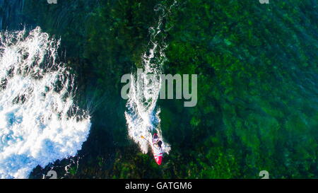 Vue aérienne d'un homme sur un surf stand up paddleboard SUP au-dessus des roches couvertes d'algues au point Sandon, Bulli, NSW, Australie. Banque D'Images