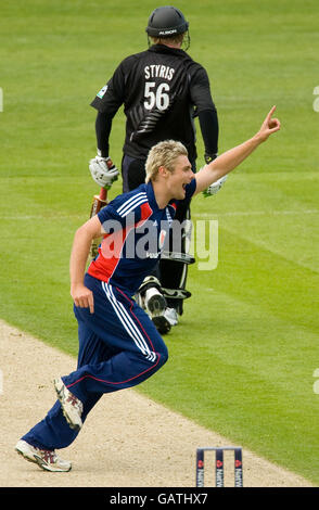 Luke Wright, en Angleterre, célèbre le rejet de Ross Taylor en Nouvelle-Zélande pour 20 courses lors de la NatWest Series One Day International à Riverside, Chester-le-Street. Banque D'Images